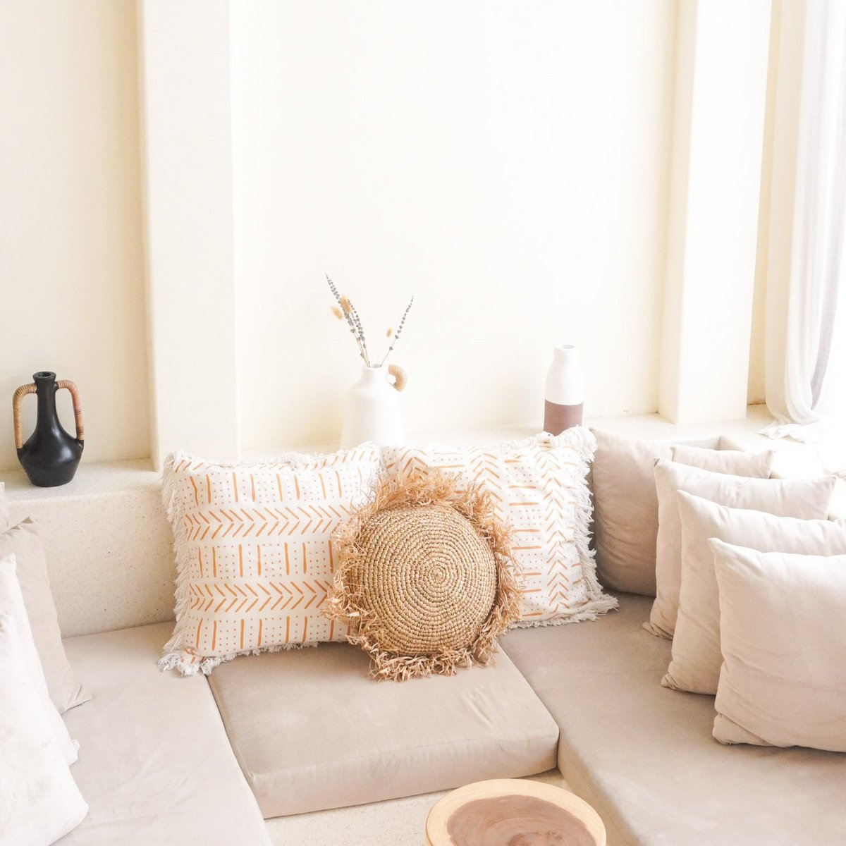 Rond Boho Kussen met Franjes Decoratief Kussen Ø40/50 cm Sierkussen van Raffia Bankkussen met Vulling TARAKAN beige - Image 2