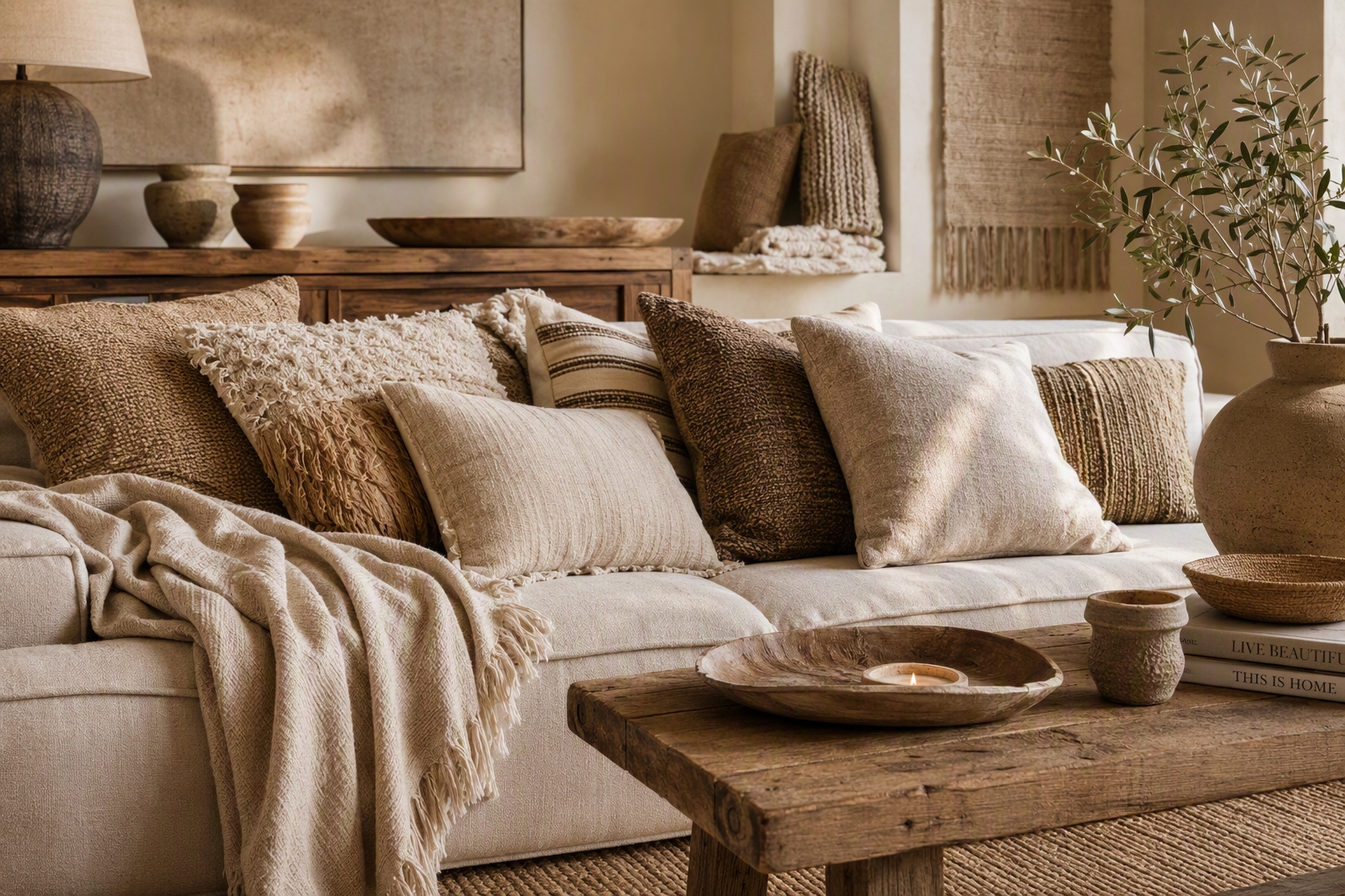 Luxe textiel met sierkussens, plaid en natuurlijke materialen voor een warm interieu